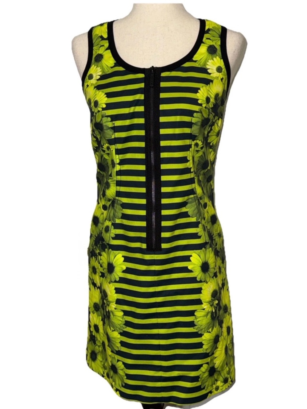 Michael Kors Striped Floral Yellow Black Zip Front Dress Size 2